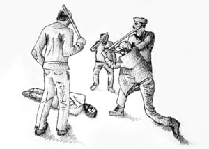A drawing of guards beating a lying down man.