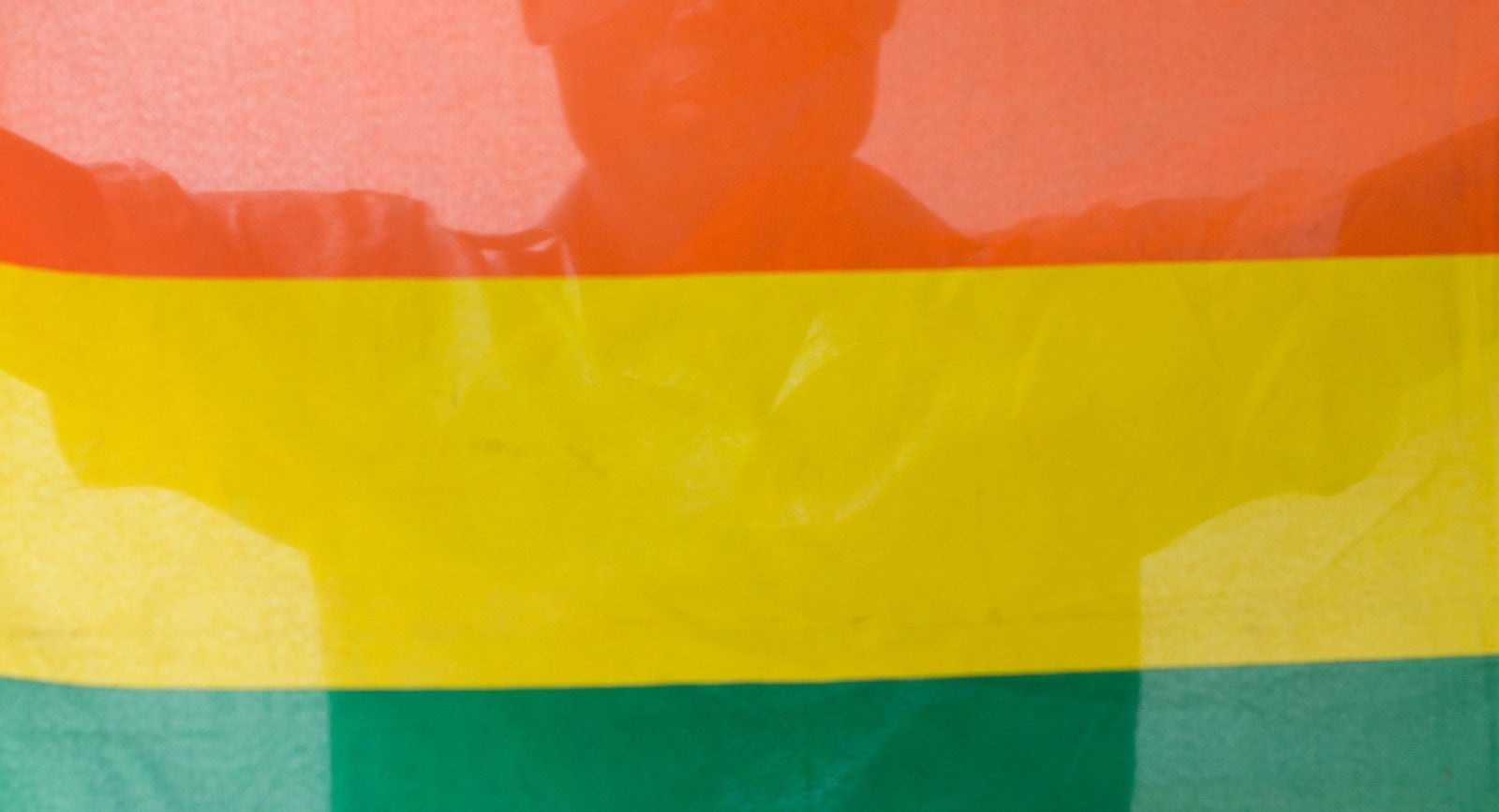 Shadow of a man standing behind a rainbow pride flag.