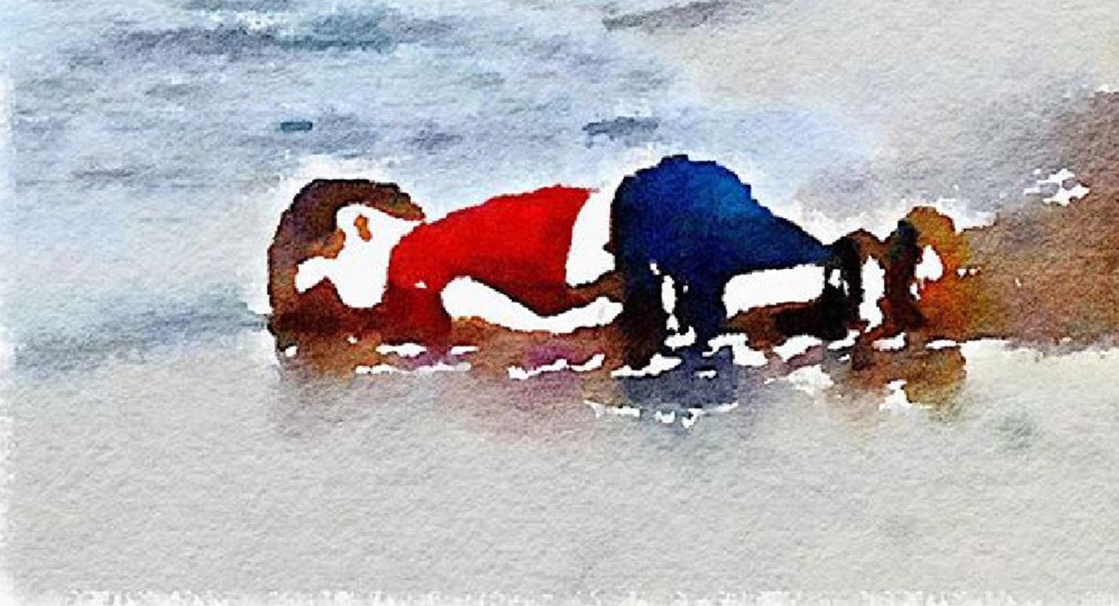 A watercolour illustration of drowned refugee infant Aylan Kurdi.