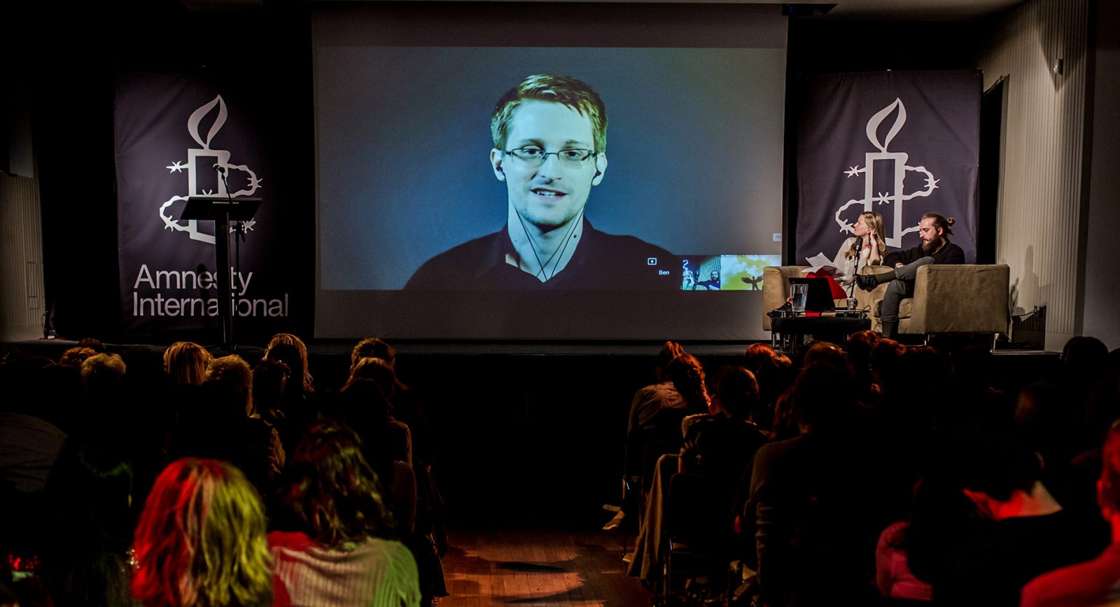 Edward Snowden appearing via video link at an Amnesty International event