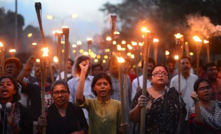 Bangladeshi activists protest the killing of blogger Niloy Chakrabati in Dhaka on August 8, 2015.