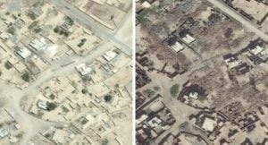Two images: the left shows satellite of houses, the right shows the same streets with houses leveled.