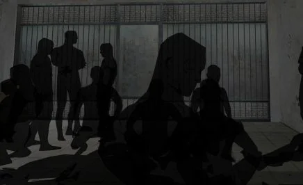 illustrations of Saydnaya Military Prison, Damascus, Syria showing shadowy dfigures in front of grey bars and walls