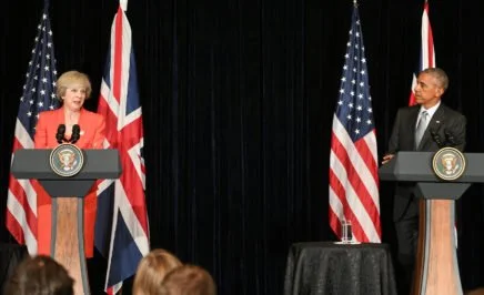 Theresa May and Barack Obama holding a joint press conference at the G20 in Hangzhou, China, 2016.