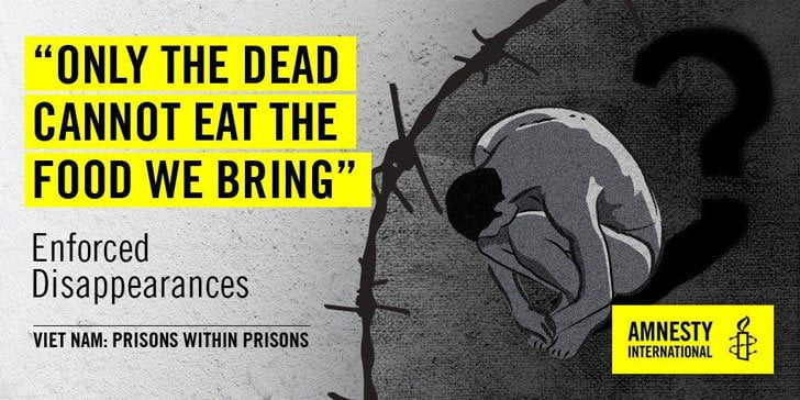 ext "only the dead cannot eat the food we bring - enforced disappearances - veit nam: prisons within prisons" over an illustration of person curled into foetal position surroundd by barbed wire