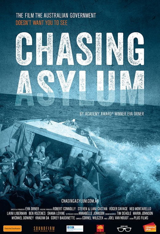 bold title saying 'chasing asylum' in front of a blue-washed picture of a boat over crashing waves