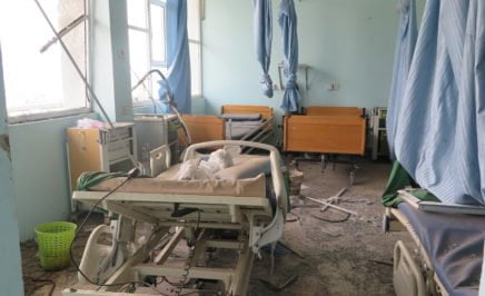 A hospital room damaged by bombing in Ta'iz, Yemen