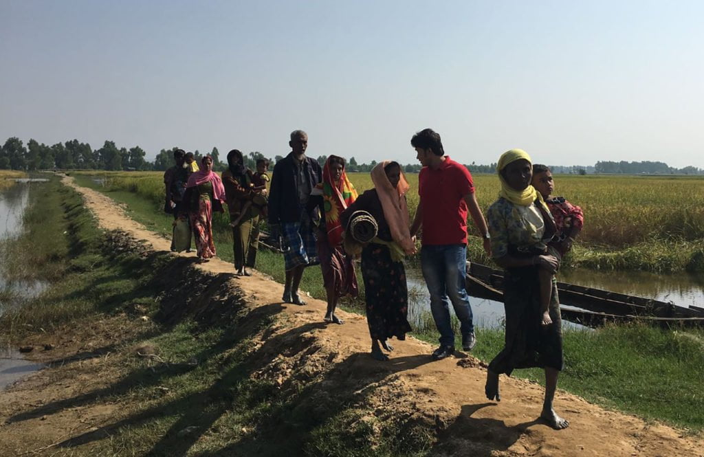 Rohingya refugees crossing the border into Bangladesh.