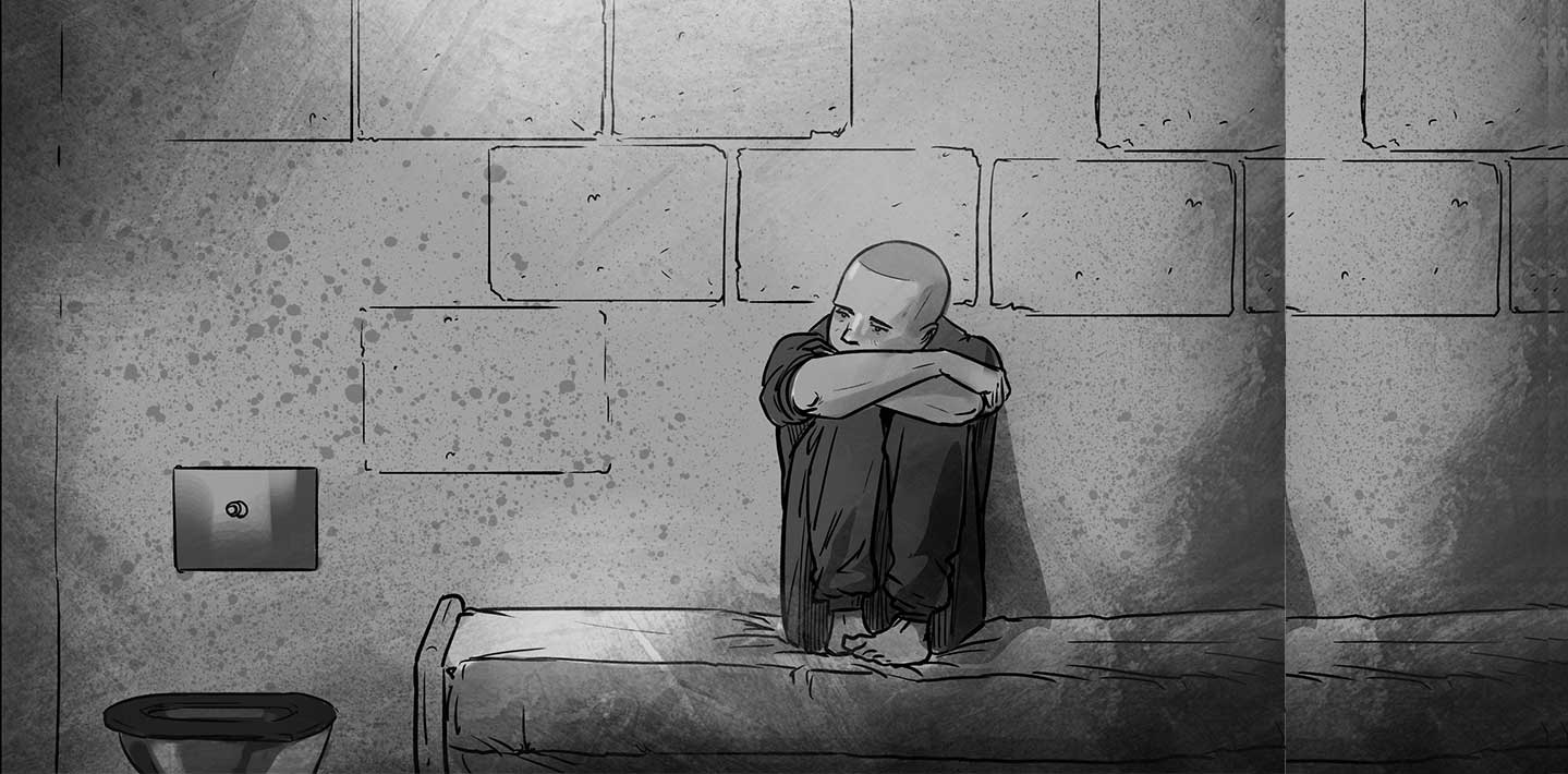 A photo of a black and white illustration of a child sitting on a bed in a prison cell, resting his head on his knees.