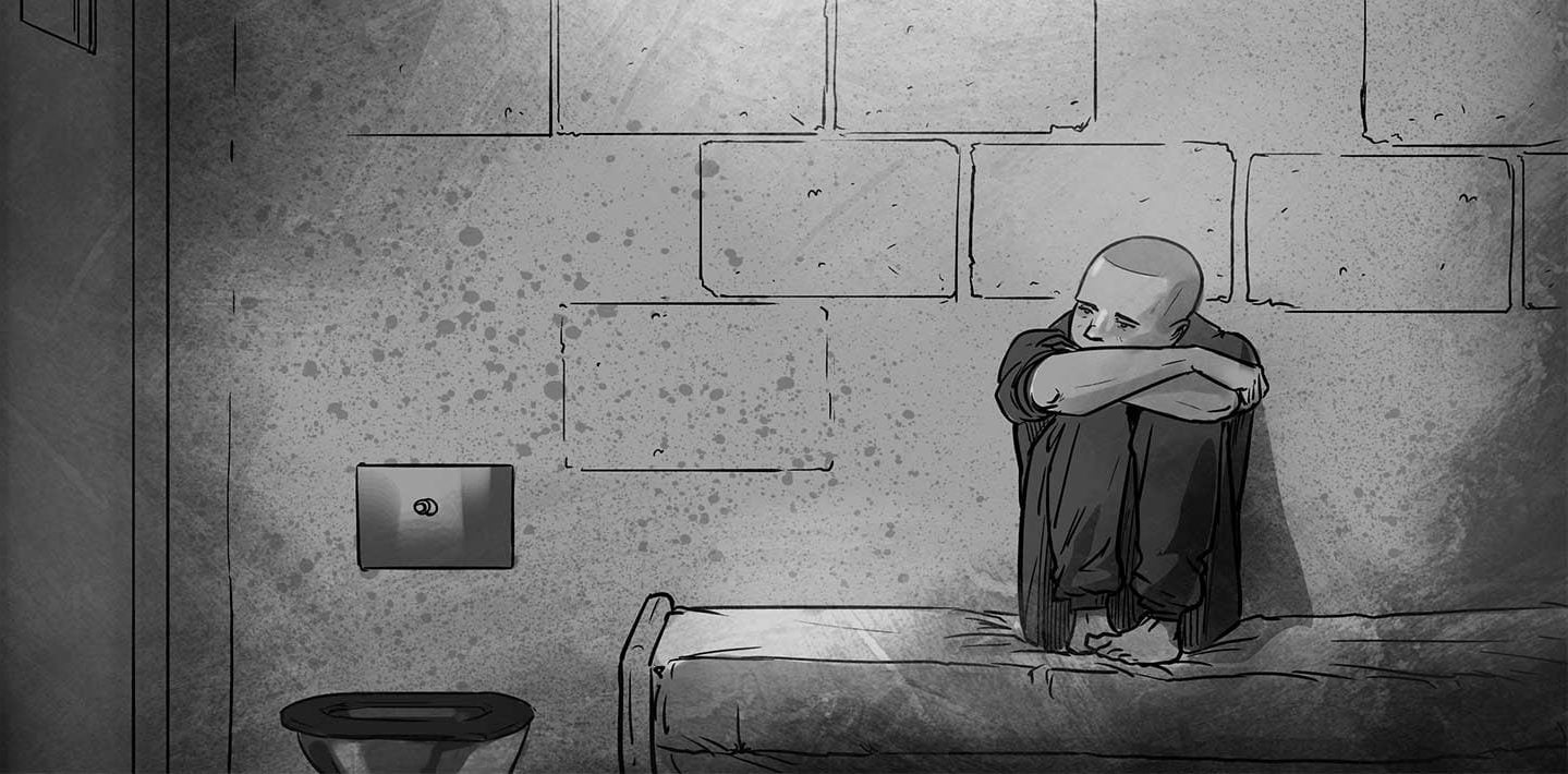 An illustration of a boy sitting on a bed in a prison