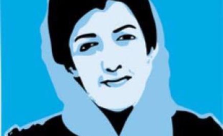 A cartoon of Narges Mohammadi - blue background