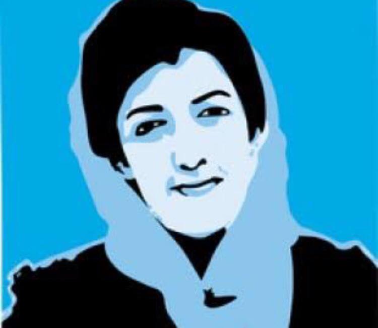 A cartoon of Narges Mohammadi - blue background