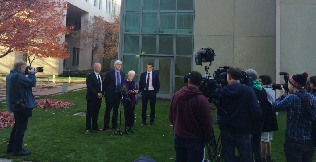 Joint press conference in Parliament House ahead of Budget Estimates questions to Immigration Department. L to R: Refugee Council of Australia (Tim O'Connor), Amnesty Australia (Graham Thom), Sister Jane Keogh, Human Rights Law Centre (Daniel Webb). © AIA