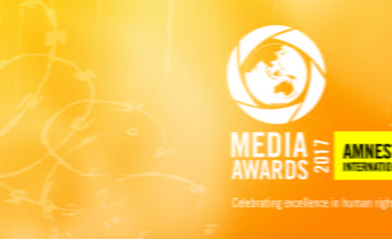 Amnesty Media Awards 2017 logo on an orange background with the words 'Media Awards 2017: Celebrating excellence in human rights reporting