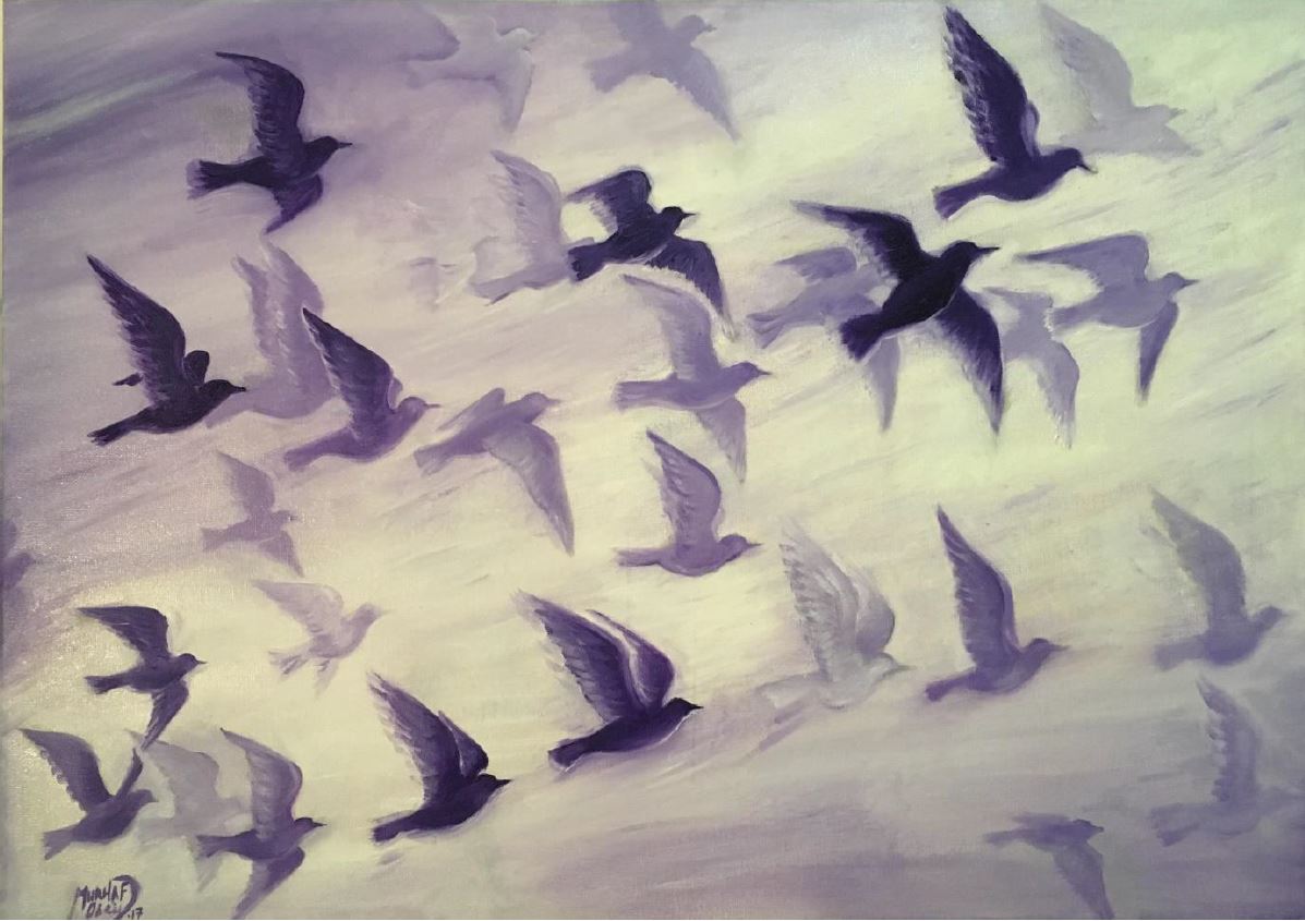 Oil painting of flying birds from Finding Freedom art exhibition.