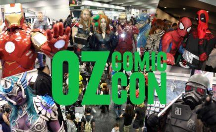Background shows pictures of people dressed up as superheroes and other pop culture characters as part of comic con. In front, there are green letters that say Oz Comic Con