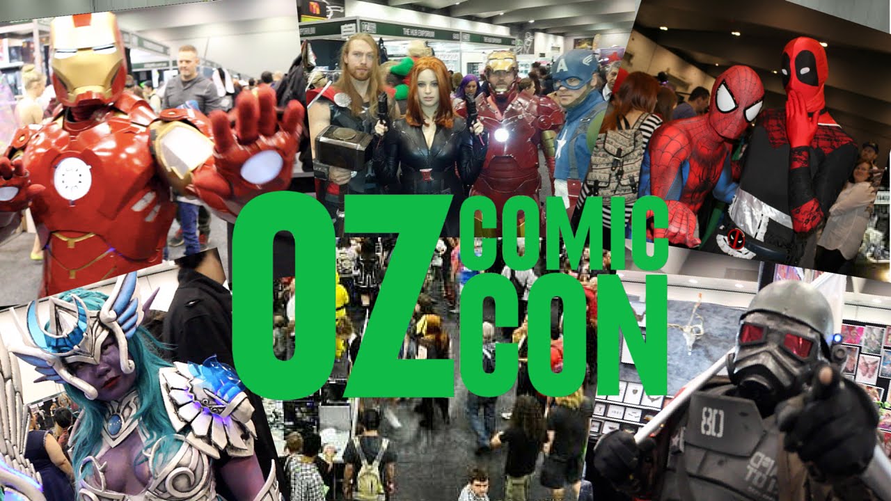 Background shows pictures of people dressed up as superheroes and other pop culture characters as part of comic con. In front, there are green letters that say Oz Comic Con