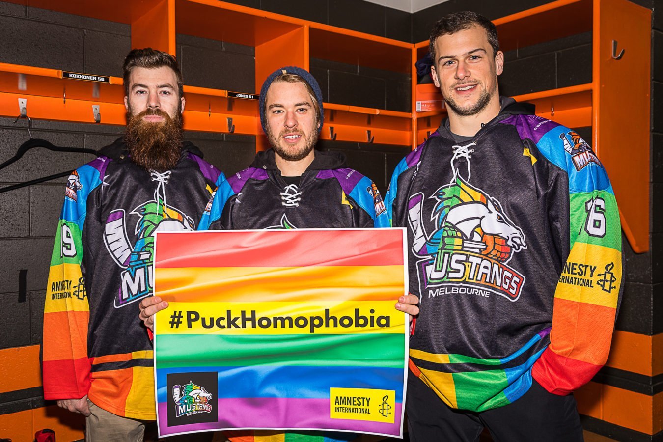 Melbourne Mustangs Ice Hockey team wear rainbow jerseys to support LGBTIQ+ rights.