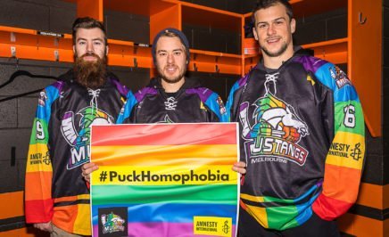 Melbourne Mustangs Ice Hockey team wear rainbow jerseys to support LGBTIQ+ rights.