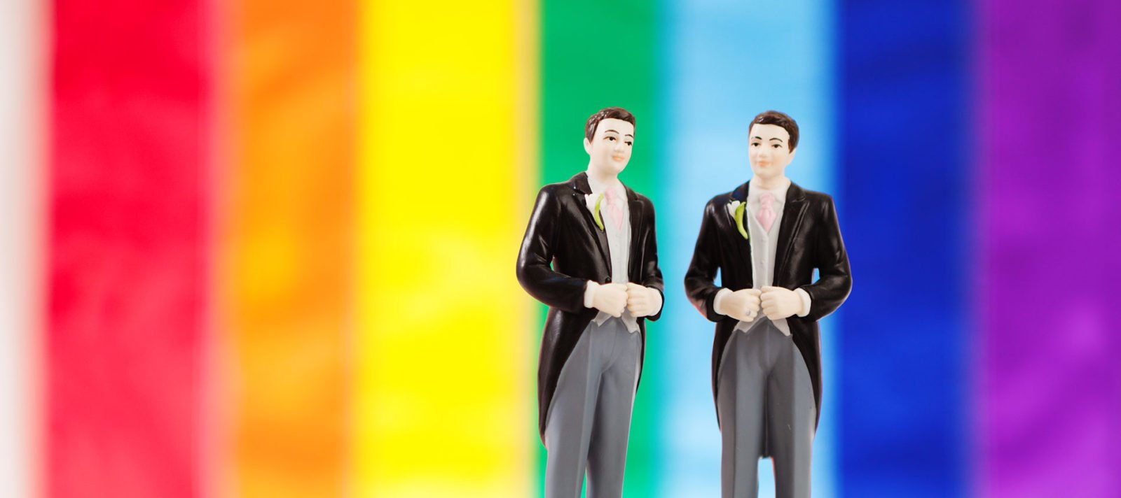 Two groom figures on a wedding cake in front of a pride flag. © iStock/YinYang