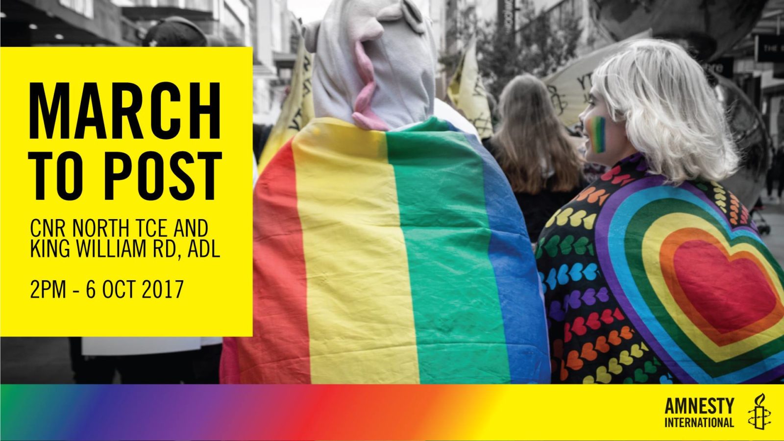 Campaign poster saying March to Post on the left and the back of two people with rainbow flags on them