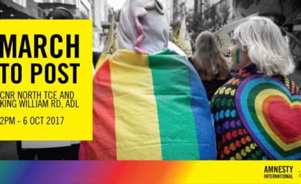 Campaign poster saying March to Post on the left and the back of two people with rainbow flags on them