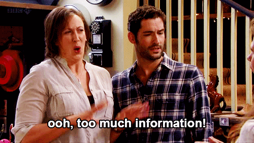 An animated gif of two characters (male and female) from the UK television show 'Miranda' looking disgusted with the words 'Ooh, too much information!' flashing across the screen.