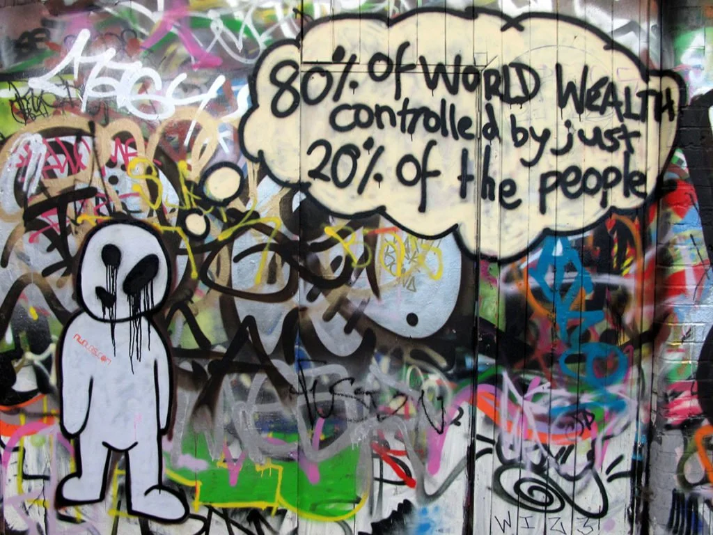 A photograph of a wall of graffiti that says '80% of the world's wealth is controlled by 20% of the people'.