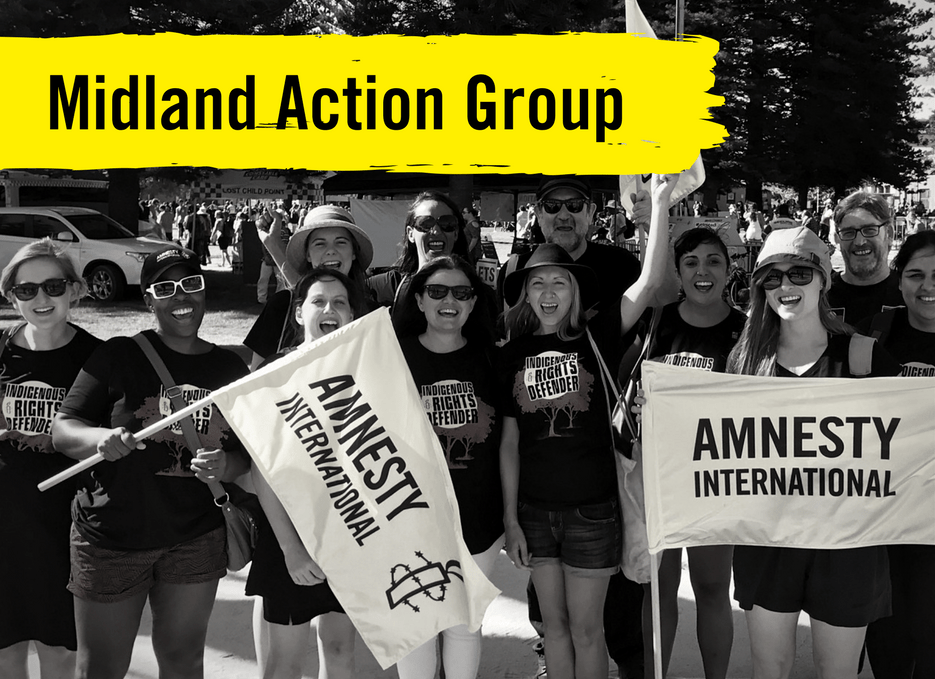 Perth activists celebrate Amnesty's Indigenous Rights campaign with banners, text: Midland Action Group