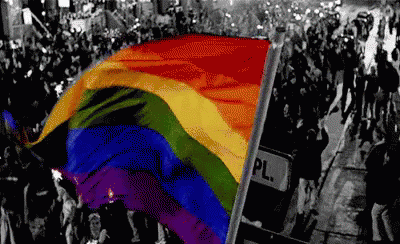 An animated gif of a rainbow flag blowing in the breeze with a crowd of people in the background.