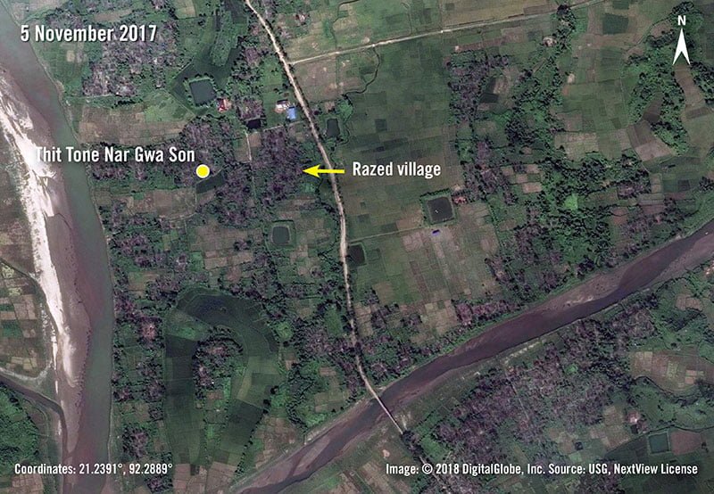 Satellite imagery of razed Myanmar village Thit Tone Nar Gwa Son.