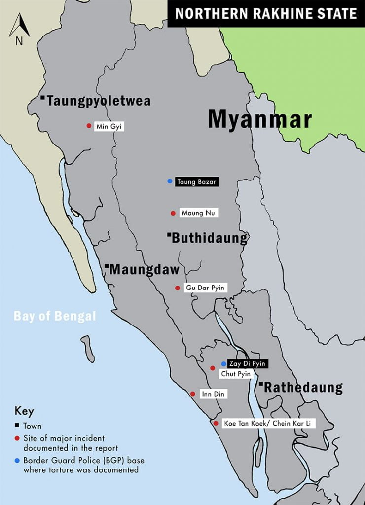 A map of northern Rakhine State, indicating locations where Amnesty International documented major incidents of human rights violations