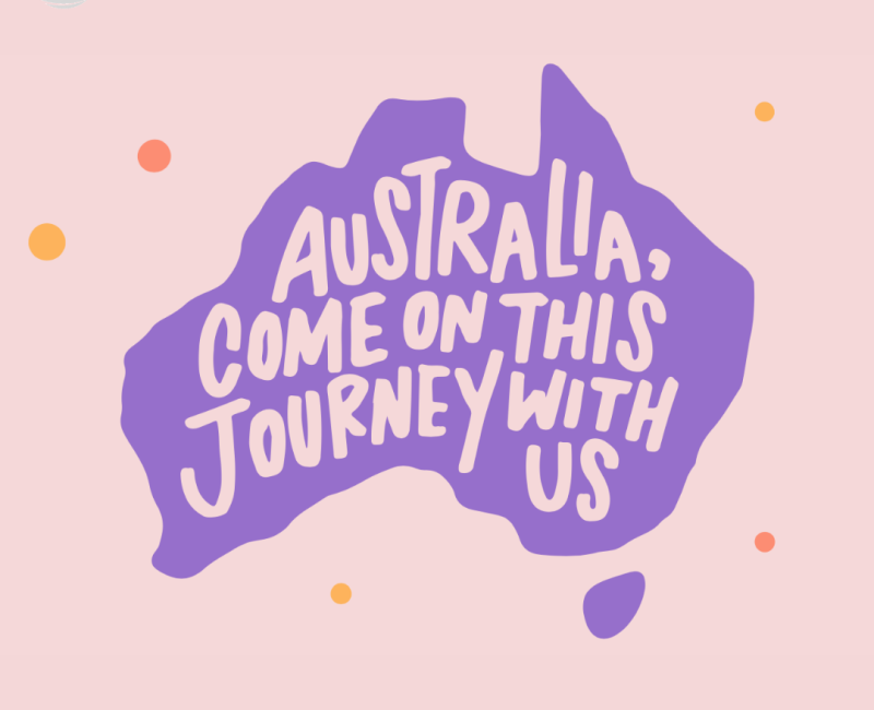 A purple outline of the country of Australia with the text 