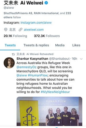 A screenshot from Twitter that shows a retweet by Chinese artist and activist Ai Wei Wei of Amnesty Refugee Campaigner Shankar Kasynathan.