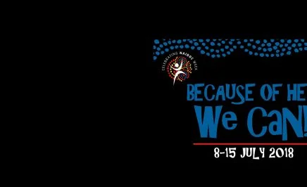 2018 NAIDOC logo with the words: 'Because of her, we can. 8–15 July 2018'.