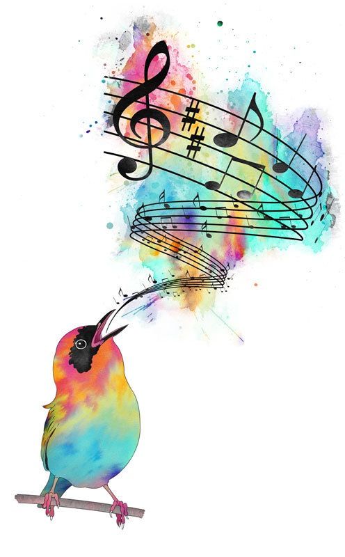 Drawing of a colourful bird singing notes