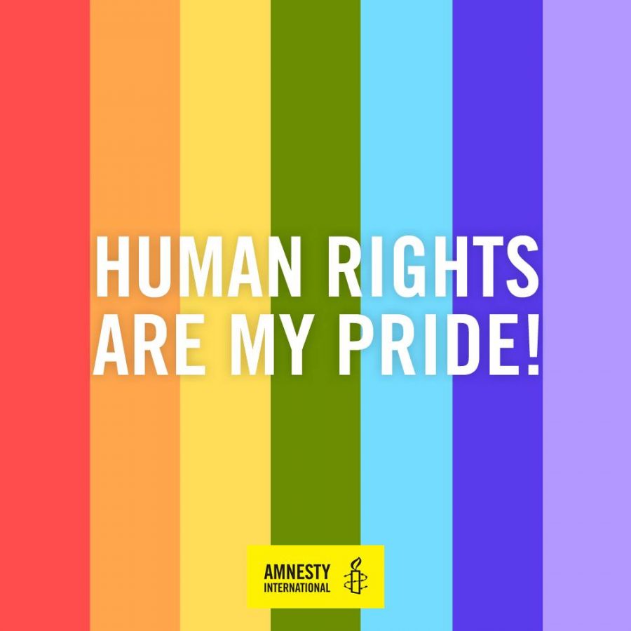 text human rights are my pride over rainbow coloured strips with amnesty candle logo below