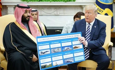 US President Donald Trump holds a defence sales chart with Saudi Arabia's Crown Prince Mohammed bin Salman in the Oval Office of the White House on 20 March 2018 in Washington DC.