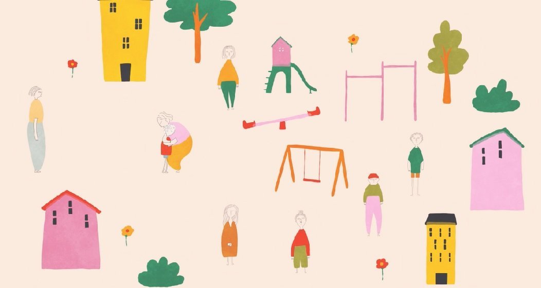 A still from an animation showing a playground with swings, trees and a see saw. Hand drawing style