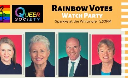 poster withe the title 'rainbow votes watch party' and pictures of politicians faces