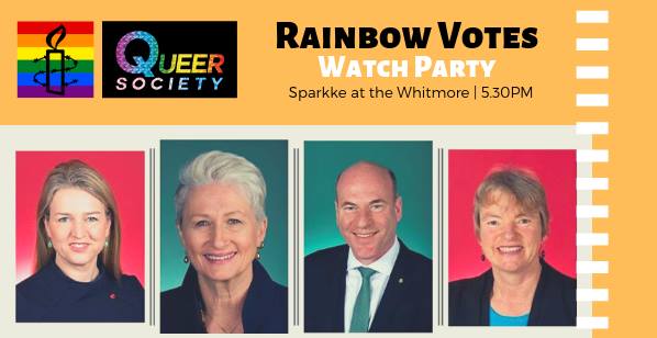 poster withe the title 'rainbow votes watch party' and pictures of politicians faces