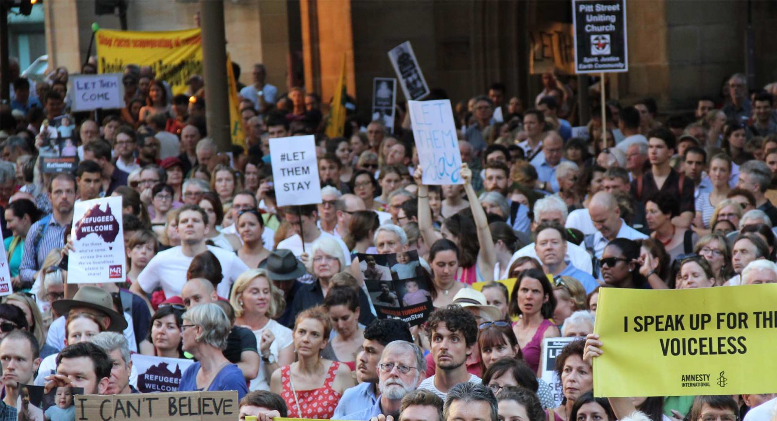 A crowd gathers in Sydney to protest the treatment of refugees and asylum seekers, February 2016.
