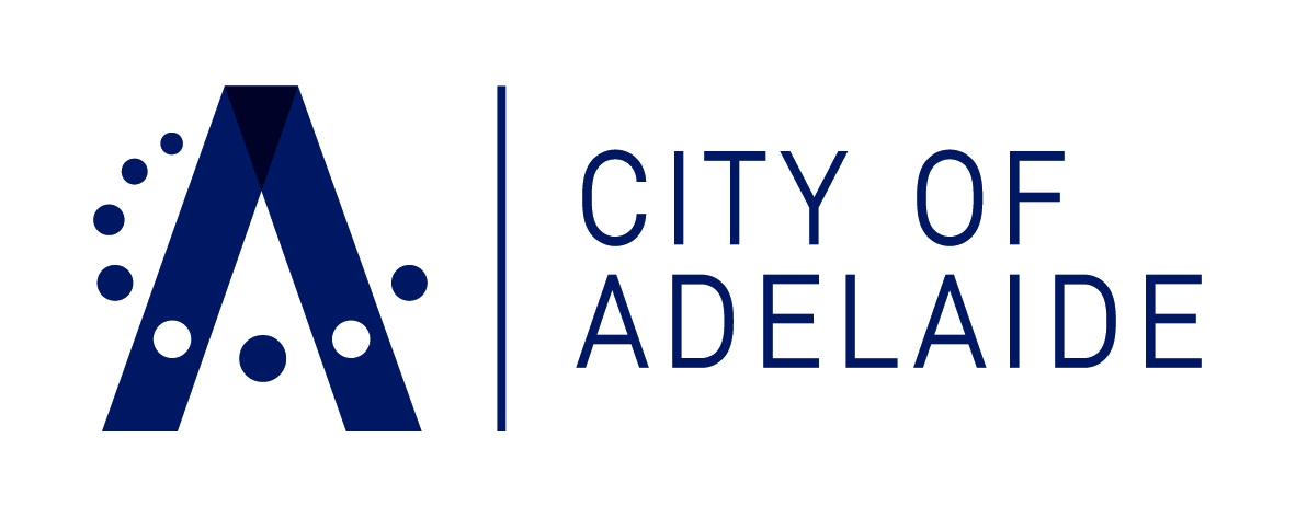 City of adelaide logo with dark blue text on the right and A with swirl of dark blue dots around it on the left