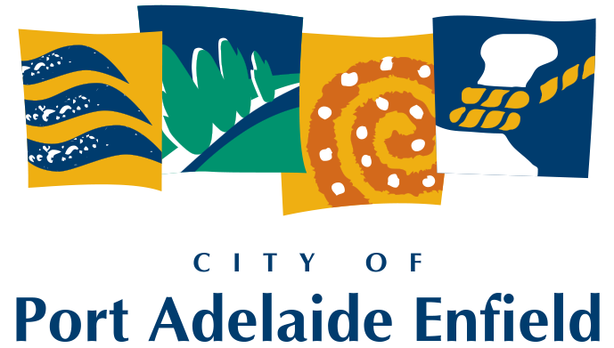 city of port adelaide logo with blue text and illustrtarions of trees and circles above the text