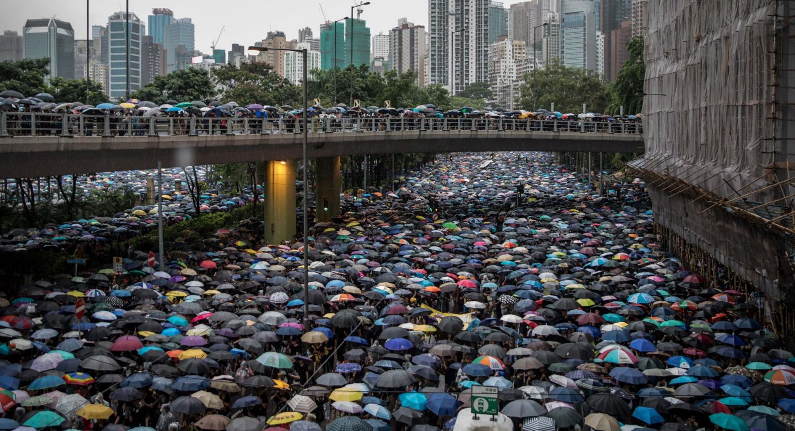 A sea of umbrellas stretching into the distance as thousands protest a proposed extradition bill that would allow people from Hong Kong to be extradited to China.