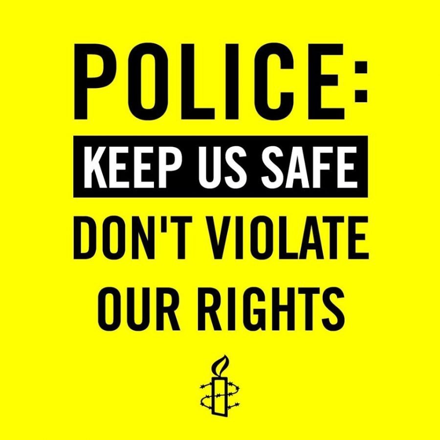 A graphic that reads 'Police: Keep us safe. Don't violate our rights'.