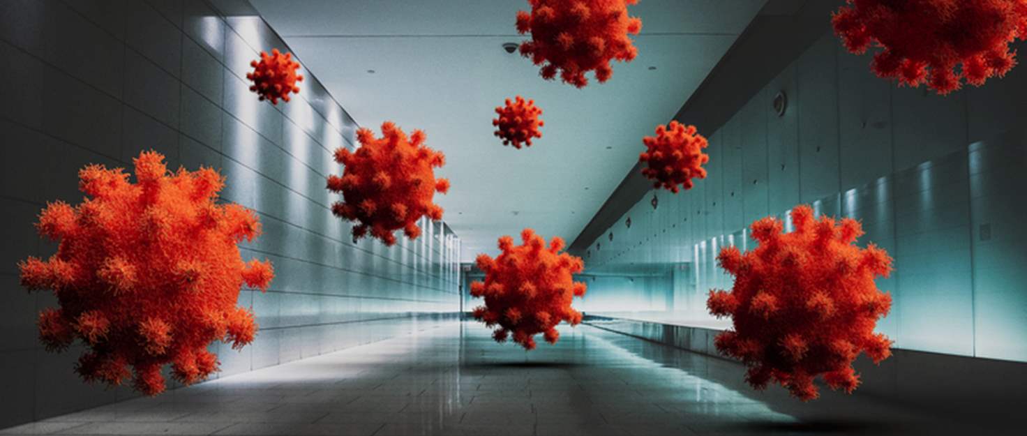 Red microbes are displayed enlarged in a hallway.