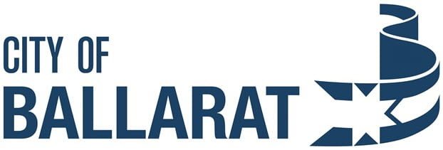dark blue city of ballarat logo with wazing ribbon to the right of text