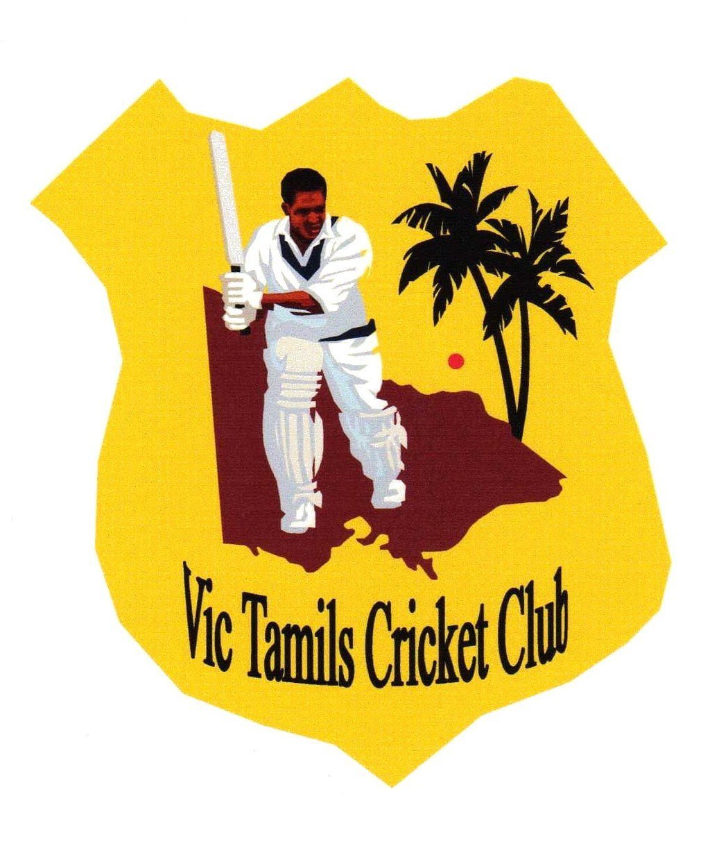 yellow shield shaped logo with the text Vic Tamils Cricket Club and drawing of a person in cricket whites, holding a bat standing on a brown shape with two palm trees to their right