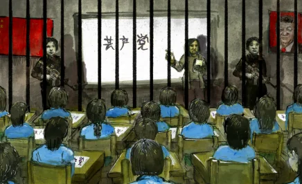 A teacher and two armed guards stand on the other side of barrier from detainees at a “class” in an internment camp.